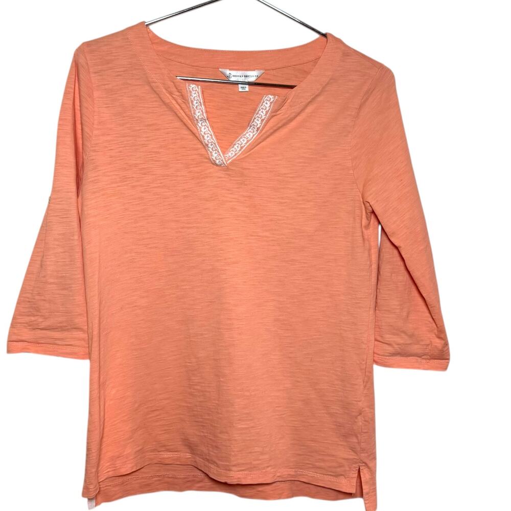 Brooks Brothers Size Small Peach Split Neck Embroidered Roll Tab Sleeves Tunic